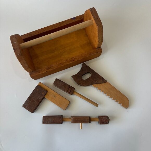 Handmade Wooden Tool Box & Tools - Picture 2 of 3